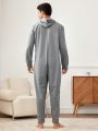 Men'S Button Closure Half Placket Hooded Jumpsuit Loungewear