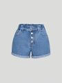 Tween Girls' Denim Shorts With Multiple Buttons And Rolled Hem In Washed Blue Color