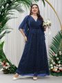 Plus Overlap Collar Flutter Sleeve Glitter Formal Dress