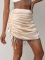 Leslie Samano Rhinestone Fringe Trim Drawstring Side Satin Bodycon Skirt