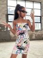 SHEIN Kids Cooltwn Tween Girls' Cool Street Style Knitted Letter & Character Print Spaghetti Strap Dress For Spring/Summer