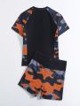 Big Boys' Camouflage Printed Swimsuit With Raglan Sleeves, Two Pieces