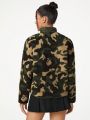 GOLDENLINE Camo Pattern Stand Collar Teddy Fleece Loose Fit Jacket