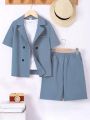 SHEIN Kids FANZEY Tween Boy's Handsome Color Block Notched Collar Woven Short Sleeve Suit Blazer And Shorts Set