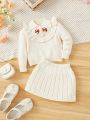 SHEIN Baby Girls' Long Sleeve Embroidered Sweater Cardigan With Collar And Knitted Skirt Set