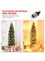 Gymax 7.5Ft Pre-Lit Pencil Christmas Tree Hinged Artificial Slim Tree w/ LED Lights