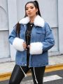 SHEIN ICON Plus Size Fuzzy Collar & Cuff Denim Jacket