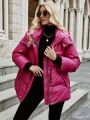 SHEIN Frenchy Drawstring Waist Drop Shoulder Zipper Hooded Down Coat