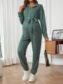 SHEIN Maternity Tie Collar Belted Jumpsuit