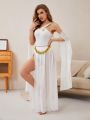 One Shoulder Jumpsuit + High Slit Mesh Skirt + 1pair Arm Sleeves + Waist Chain Costume Set