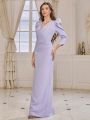 SHEIN Belle Adult Bridesmaid Dress With V-Neck, Leg-Of-Mutton Sleeve And Back Slit