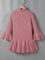 Little Girls' Solid Color High Neck Ruffled Hem Decorated Sweater Dress