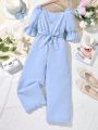 SHEIN Kids EVRYDAY Girls Square Neck Flounce Sleeve Belted Jumpsuit