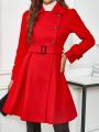 Woolen Coat With Large Lapel Collar, Waist Belt Design For Slim Waistline