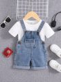 SHEIN Baby Boy Casual Vintage Washed Flap Pocket Overalls Denim Overalls Romper,Baby Boys Spring And Summer Outfits