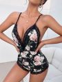 Floral Print Lace Trim Crisscross Backless Sleep Romper
