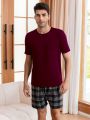 Men Solid Tee & Plaid Print Shorts