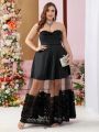 SHEIN Belle Plus Size Strapless Evening Gown With 3d Flower Decor And Perspective Netting Skirt
