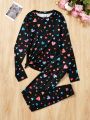 SHEIN Teen Girls' Knit Heart Pattern T-Shirt And Pants Homewear Set