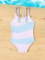 Baby Girl's Color Block Cartoon Printed One-Piece Swimsuit