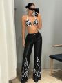 SHEIN ICON Flame Print Pu Leather Pants