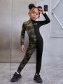 SHEIN Young Girl Camo Print Mock Neck Unitard Jumpsuit