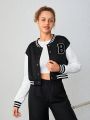 Teen Girl Letter Patched Striped Trim Drop Shoulder Crop Varsity Jacket