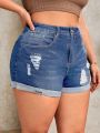 Plus Solid Ripped Roll Up Hem Denim Shorts