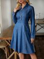 SHEIN LUNE Peter Pan Collar Long Sleeve Denim Dress