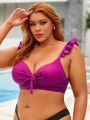 SHEIN Swim Vcay Plus Size Bikini Top With Ruffled Shoulder Straps And Knotted Front