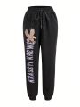 KRASSTI Women's Elastic Waistband Eagle Letter Print Jogger Pants