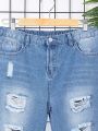 SHEIN Teenage Boys' Irregularly Distressed Straight Fit Denim Shorts Without Elasticity