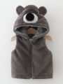 Baby Boys' Hooded Plush Vest Coat With Pom Pom Decoration