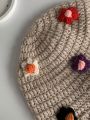 1pc Women's Multicolor Handmade Crocheted Cute Floral Knitted Beanie, Autumn And Winter Warm Ear Protection Head Cap