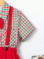 SHEIN Kids FANZEY Young Boy'S Pocket Front Plaid Short Sleeve Shirt And Suspender Shorts Gentleman Outfit Set