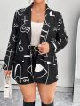 SHEIN Privé Plus Size Women's Eyelash Print Blazer Jacket