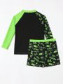 Boys' Swimwear, Long Sleeve Rashguard Top With Trunks, Suitable For Beach And Seaside Vacation