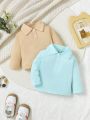 Baby Boys' 2pcs/Set Solid Color Turn-Down Collar Front Buttoned Long Sleeve Top For Autumn And Winter