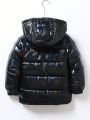 Young Boy 1pc Hooded Holographic Zipper Hooded Puffer Coat