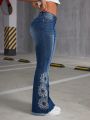 SHEIN ICON Women'S Floral Embroidery Flare Jeans