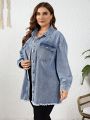 Plus Size Women'S Light Blue Water Wash Raw Edge Denim Jacket