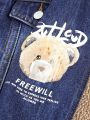 Toddler Boys' Denim Jacket With Letter & Little Bear Print And Distressed Detailing