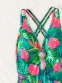 SHEIN Swim Summer Beach Tropical Printed Hollow Out One-Piece Swimsuit
