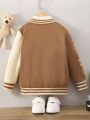 SHEIN Toddler Boys' Alphabet Pattern Bear Embroidery Baseball Jacket For Autumn Winter