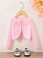 SHEIN Kids EVRYDAY Little Girls' Knitted Solid Color Jacket With Lace & Ruffle Trim And Open Front Design For Casual Wear