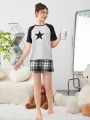 SHEIN Teen Girls' Knitted Color Block Raglan Sleeve Star Pattern Print T-Shirt And Plaid Shorts Home Wear Outfits