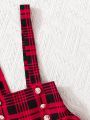 SHEIN Kids FANZEY Toddler Girls' Sweet Red Plaid Overall Skirt With Suspenders Perfect For Autumn
