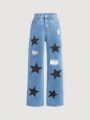 SHEIN Teen Girls' Star Print Ripped Straight-Leg Jeans