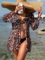 SHEIN Swim Vcay Leopard Print Flared Sleeves Kimono