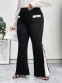 SHEIN Privé Plus Size Women's Contrast Trim Button Decorated Flare Pants